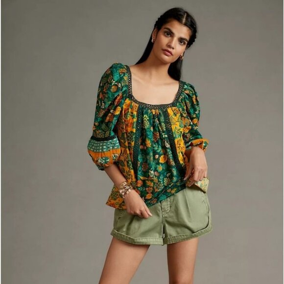 FARM Rio Tops - Farm Rio x Anthropologie Lace Inset Peasant Blouse in a tropical print Size S